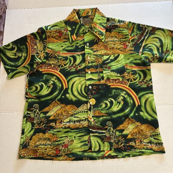 Vintage 1970s Van Cort Men Sz Large Shirt Islander Hawaiian Print Pointed Collar - Picture 5 of 16